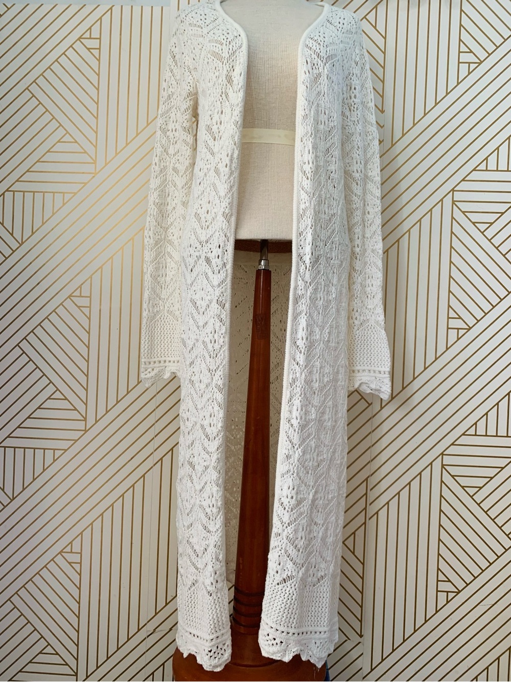 Vintage Cotton blend crochet Duster Cardigan Long Open knit Boho bohemian rustic